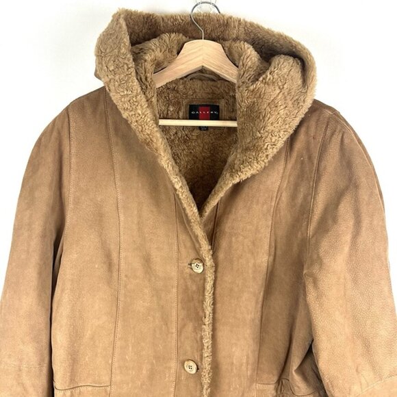 Vintage Y2K Gallery Hooded Suede Leather Penny Lane Coat Faux Fur Trim Sz L Warm - Picture 4 of 12